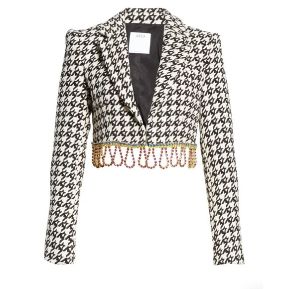 $1,580 AREA Crystal Fringe Houndstooth Wool Blend Bolero Jacket Women’s Size 2 - Picture 2 of 12